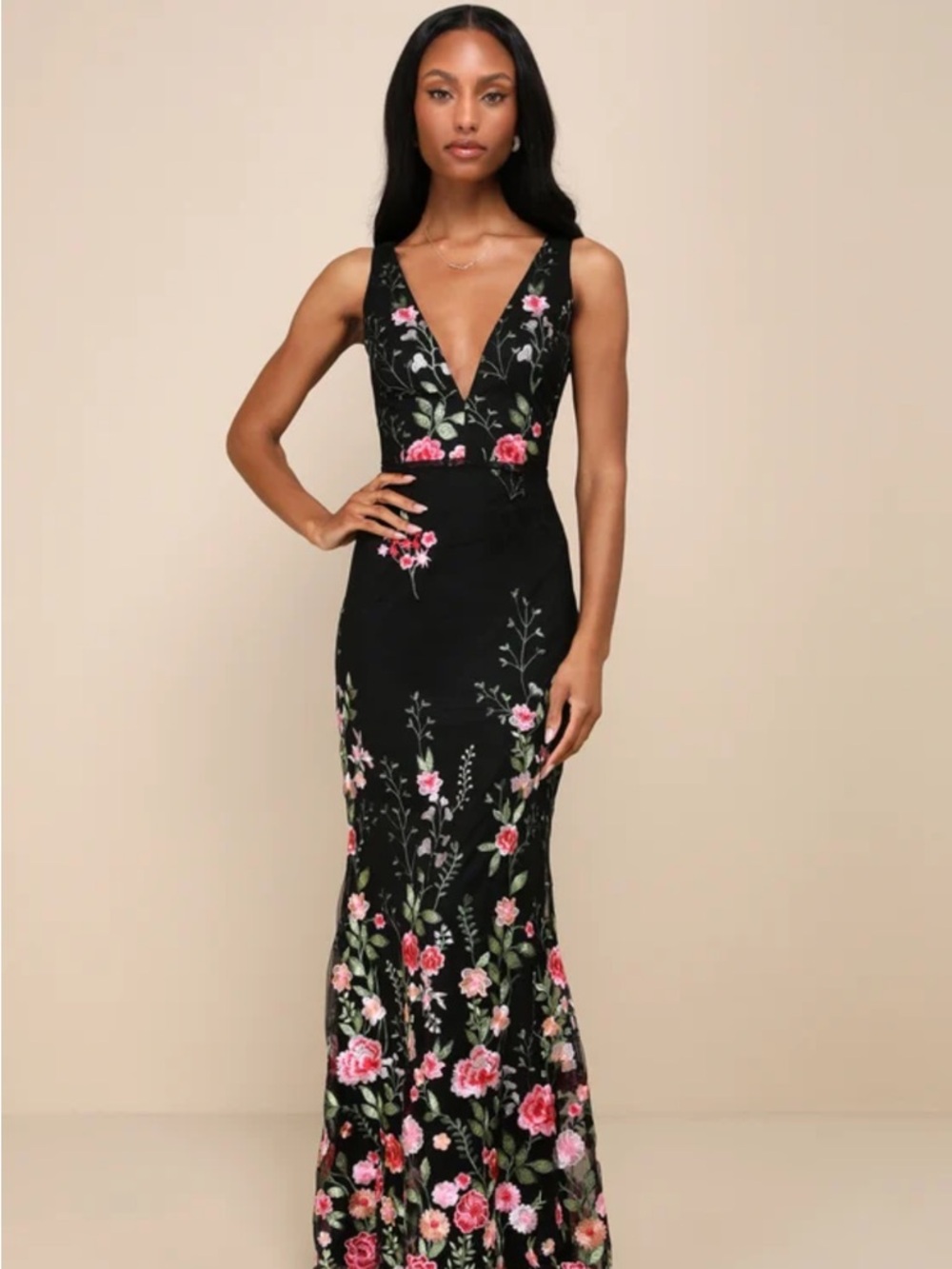 Black Floral V-Neck Evening Gown